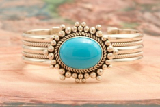 Artie Yellowhorse Genuine Sleeping Beauty Turquoise Sterling Silver Rising Sun Bracelet